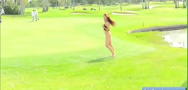  Sexy teen brunette amateur Anyah gets naked on the golf course and finger fuck herself deep and tender